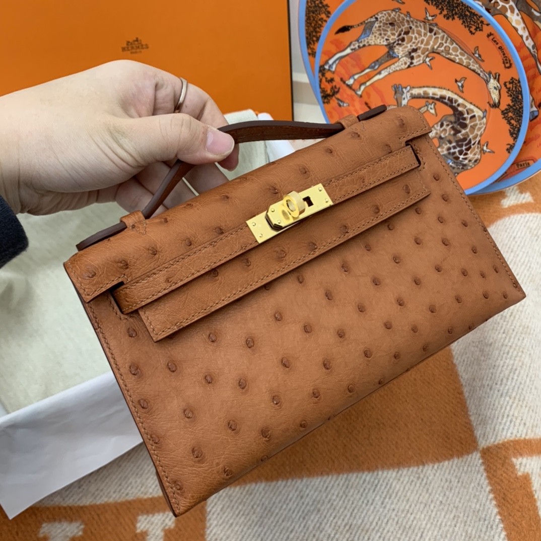 Hermes 22 Kelly pochette一代  稀有鸵鸟皮 手包晚宴包的首选，高级范 配上猪鼻子链子秒变小挎包哦  37 金棕色 百搭金刚大色