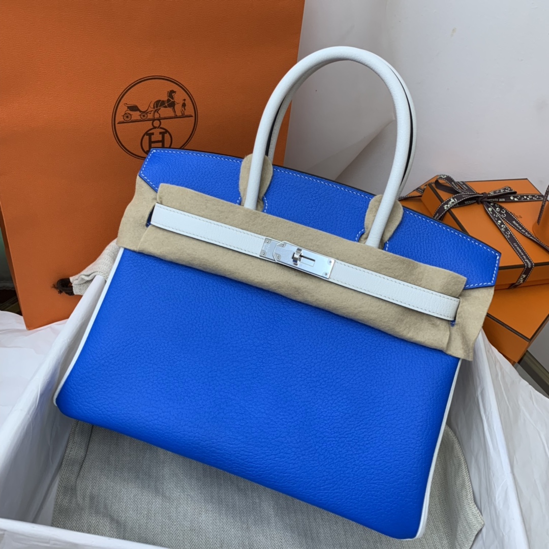 HERMES 爱马仕 birkin 30cm  chevre mysore 山羊皮 7Q希腊蓝拼纯白 银扣 适合网红小姐姐 街拍更加好看 显的独一无二！