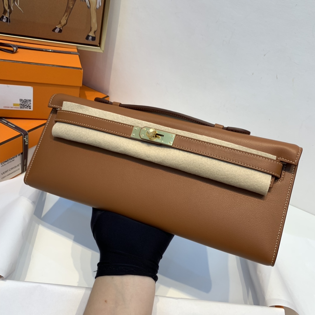 Hermes kelly cut 31cm 晚宴气质手拿包 非常干练又时髦 swift皮  37-金棕 金扣