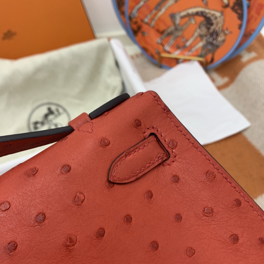 Hermes 22 Kelly pochette一代  稀有鸵鸟皮 手包晚宴包的首选，高级范 配上猪鼻子链子秒变小挎包哦  Q5 大红 很喜庆的颜色