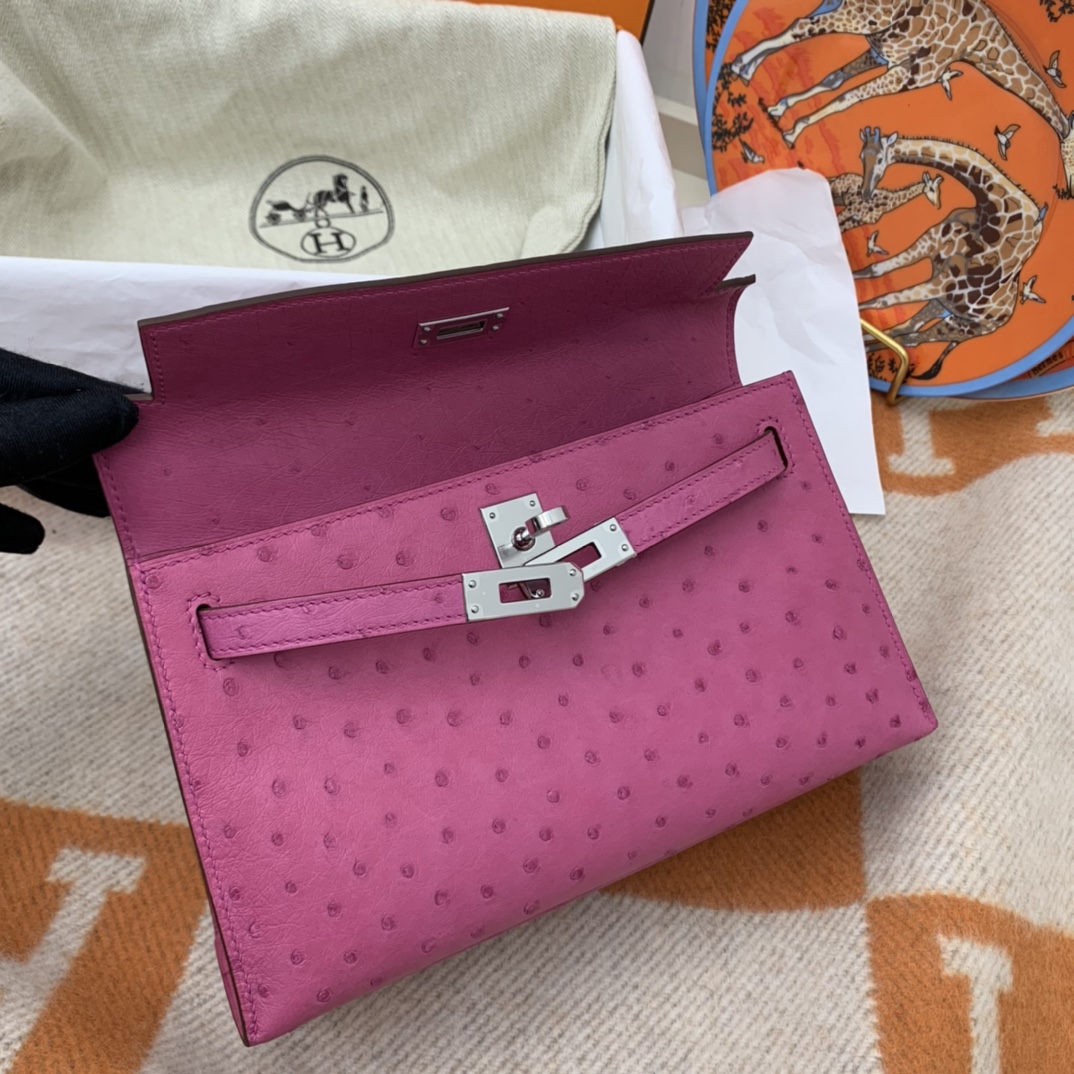 HERMES 22 Kelly pochette一代  稀有鸵鸟皮 手包晚宴包的首选，高级范 配上猪鼻子链子秒变小挎包哦  i9 玉兰粉