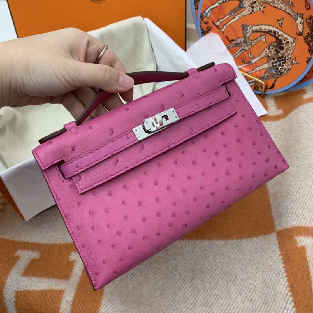 HERMES 22 Kelly pochette一代  稀有鸵鸟皮 手包晚宴包的首选，高级范 配上猪鼻子链子秒变小挎包哦  i9 玉兰粉