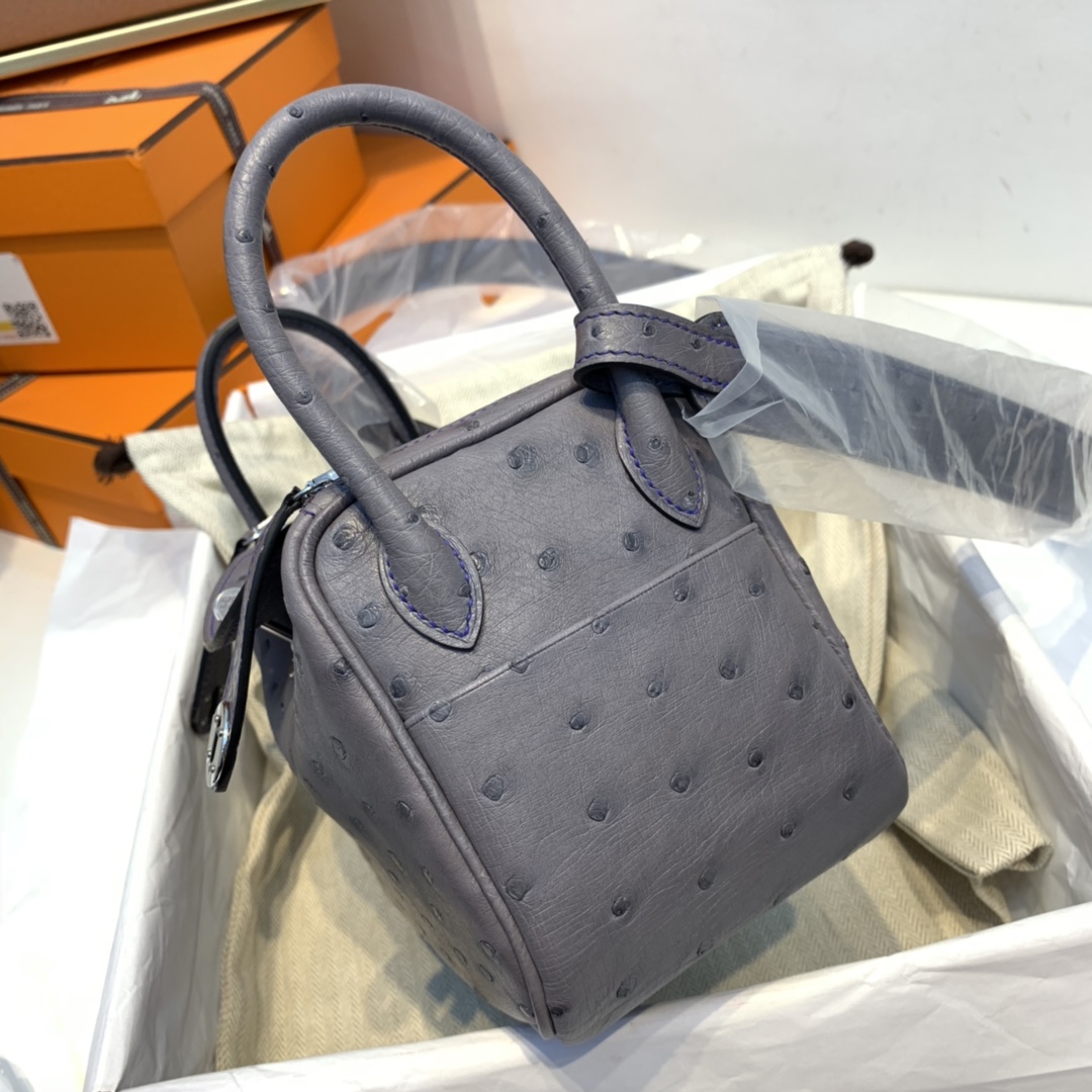 香港爱马仕 订单 极品 mini Lindy 南非KK ostrich皮 玛瑙灰拼电光蓝 银扣