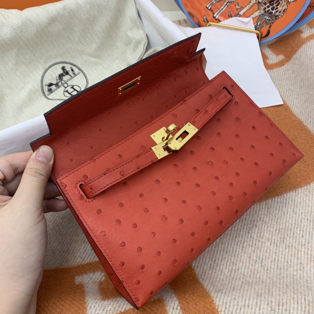 Hermes 22 Kelly pochette一代  稀有鸵鸟皮 手包晚宴包的首选，高级范 配上猪鼻子链子秒变小挎包哦  Q5 大红 很喜庆的颜色