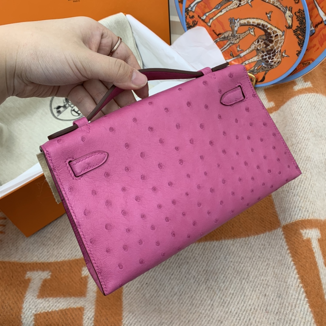 HERMES 22 Kelly pochette一代  稀有鸵鸟皮 手包晚宴包的首选，高级范 配上猪鼻子链子秒变小挎包哦  i9 玉兰粉