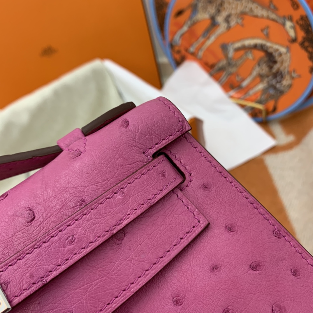 HERMES 22 Kelly pochette一代  稀有鸵鸟皮 手包晚宴包的首选，高级范 配上猪鼻子链子秒变小挎包哦  i9 玉兰粉