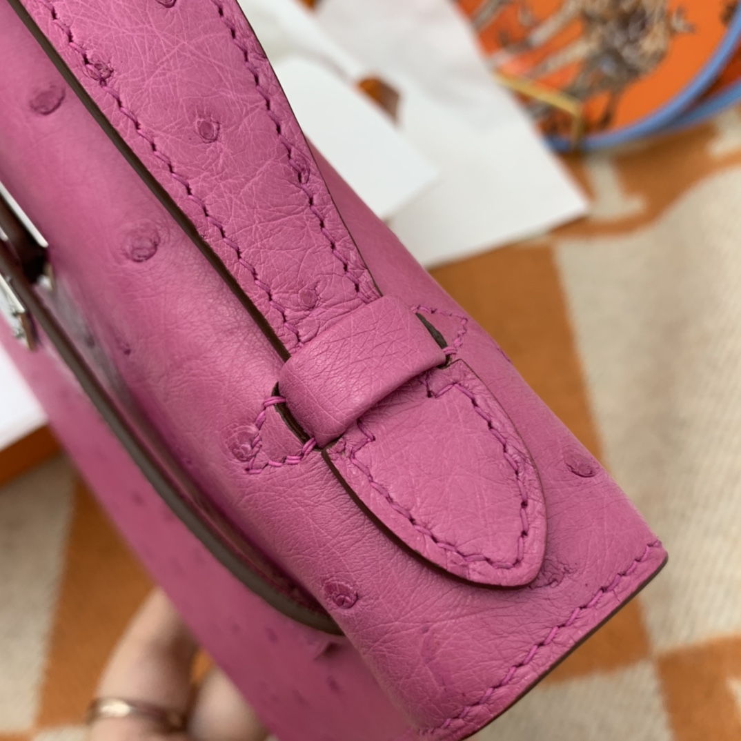 HERMES 22 Kelly pochette一代  稀有鸵鸟皮 手包晚宴包的首选，高级范 配上猪鼻子链子秒变小挎包哦  i9 玉兰粉