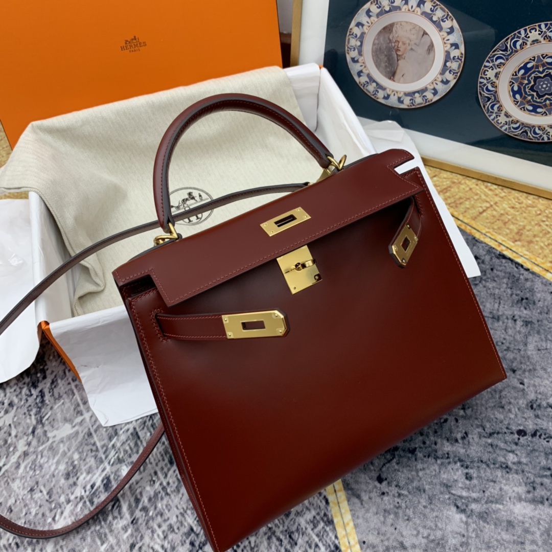 香港爱马仕官网 kelly 28cm  box皮 57酒红 金扣
