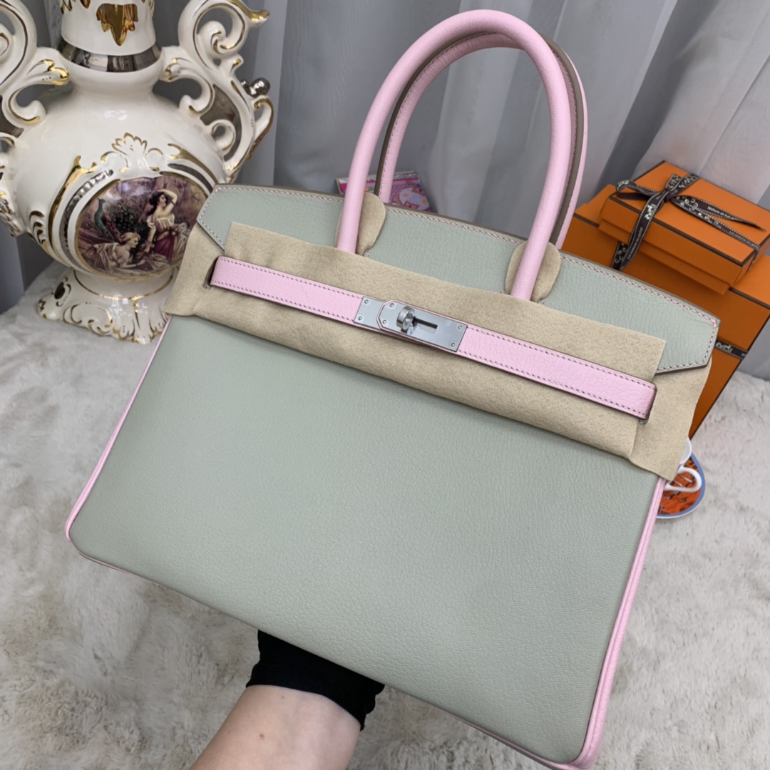 香港爱马仕官网 30 birkin  山羊皮  80珍珠灰拼 3Q粉  银扣