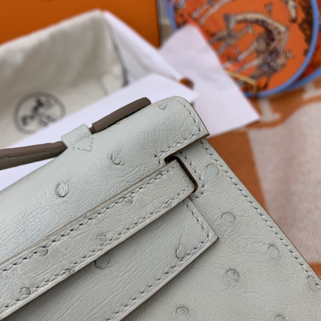 HERMES 22 Kelly pochette一代 稀有鸵鸟皮 手包晚宴包的首选，高级范 配上猪鼻子链子秒变小挎包哦 80 珍珠灰