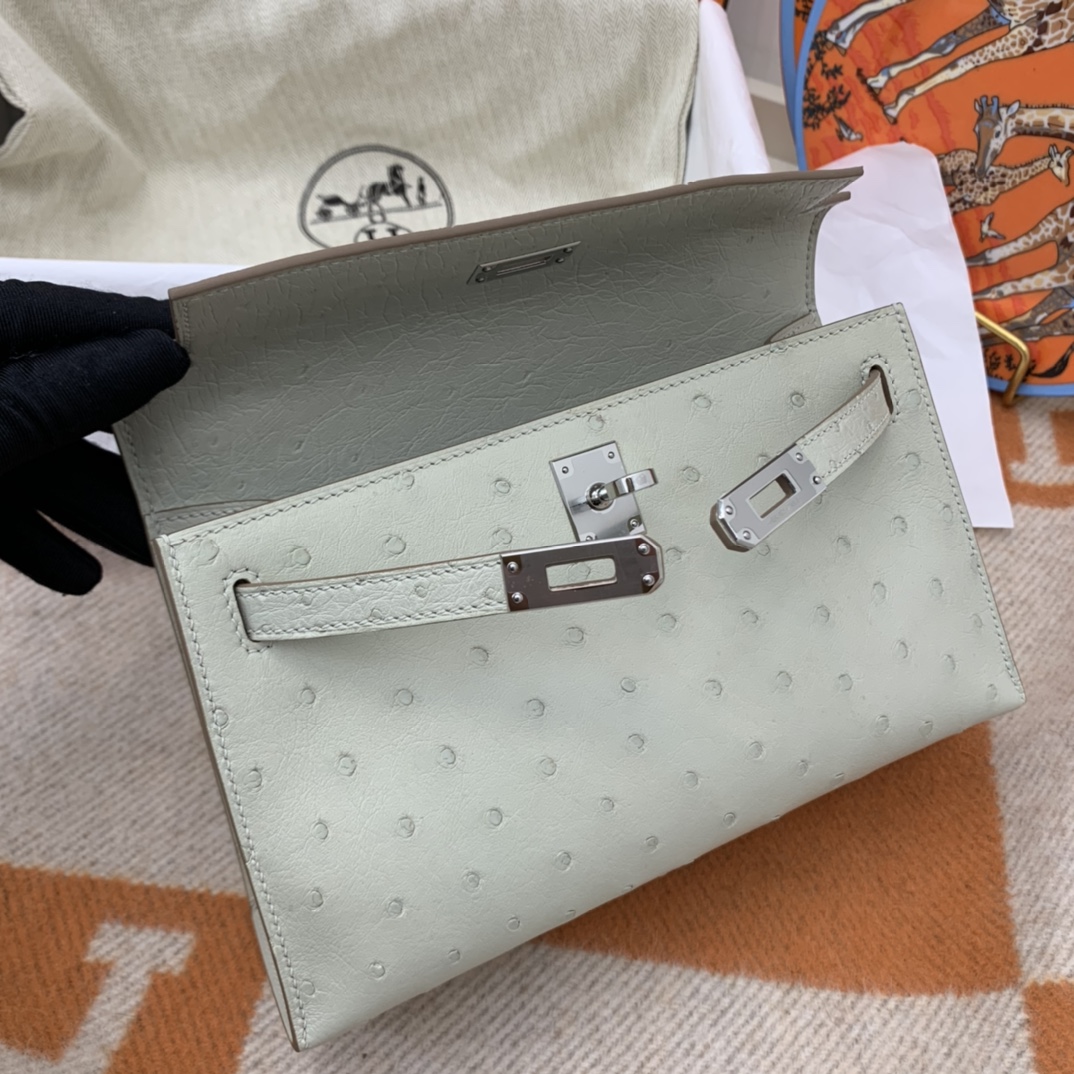 HERMES 22 Kelly pochette一代 稀有鸵鸟皮 手包晚宴包的首选，高级范 配上猪鼻子链子秒变小挎包哦 80 珍珠灰