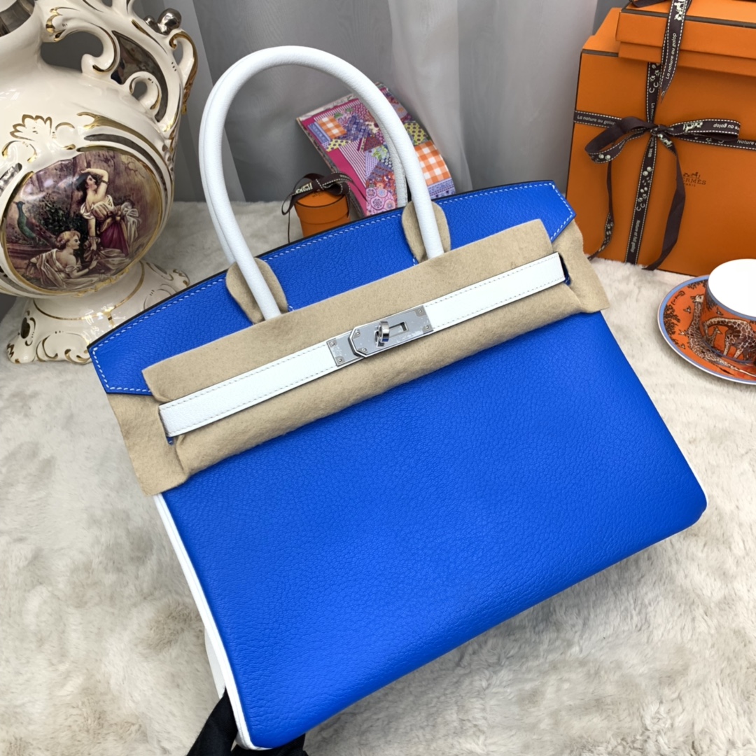 香港爱马仕官网 30 birkin  山羊皮  7Q希腊蓝拼 01 纯白 马蹄印