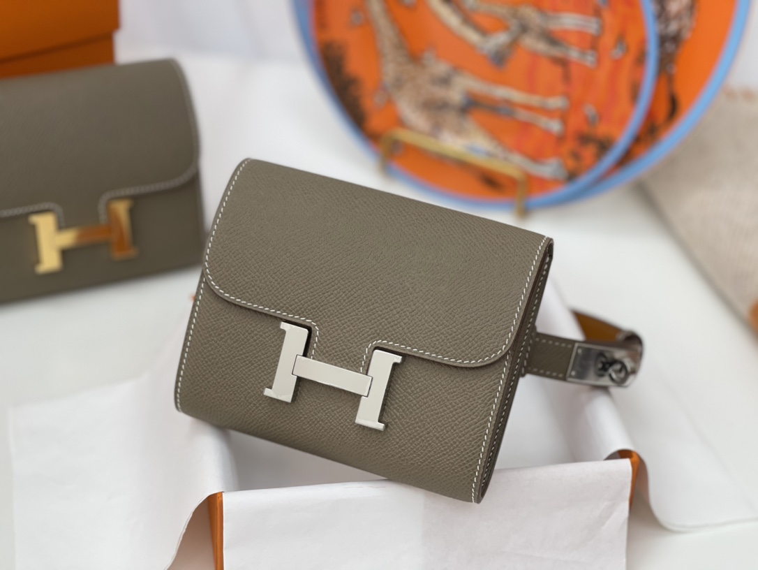HERMES Constance compact 腰包 钱包背后做成了可以穿过腰带或皮带的皮搭 Epsom 18-大象灰 Etouope 金扣