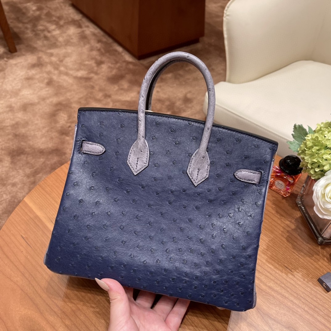HERMES 高级定制 birkin 25cm 鸵鸟皮 ostrich 77鸢尾蓝Bleu lris拼玛瑙灰Gris Agate 高级拼色色系 银扣