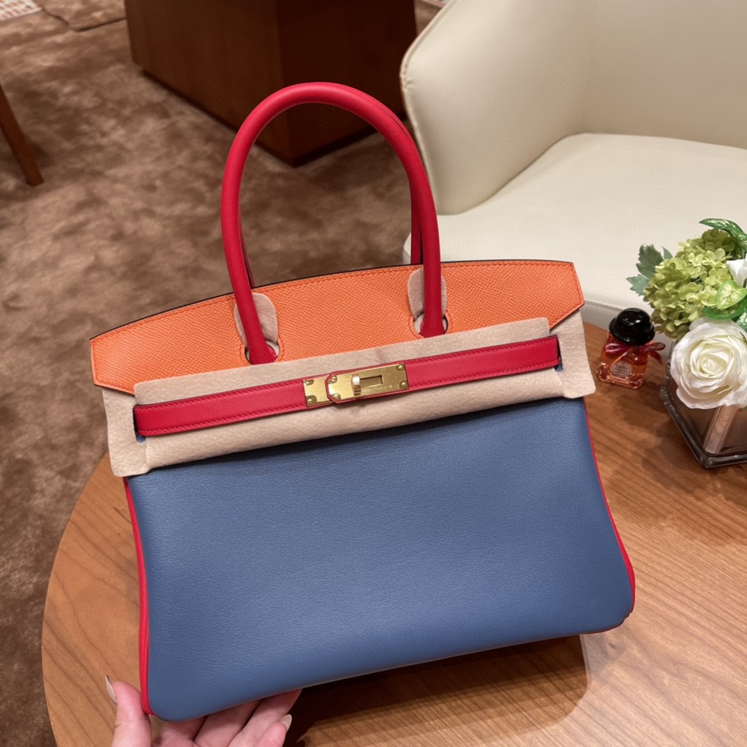 HERMES 30 birkin 特殊拼皮 vip马蹄印 swift R2玛瑙蓝拼S3心红拼epsom 93 橙色 金扣