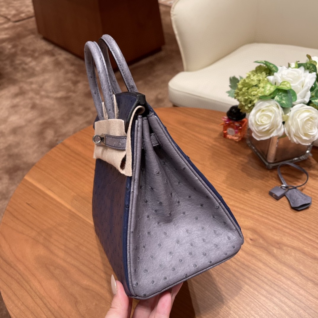 HERMES 高级定制 birkin 25cm 鸵鸟皮 ostrich 77鸢尾蓝Bleu lris拼玛瑙灰Gris Agate 高级拼色色系 银扣