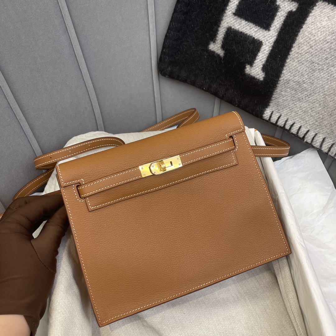 HERMES kelly danse跳舞包是kelly系列 正品开版 专柜品质原厂evercolor 37金棕gold 金扣