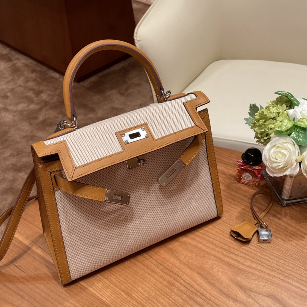 HERMES 最美帆布系列 限量款 kelly 28cm Kelly Toile H 2S 芝麻色 银扣