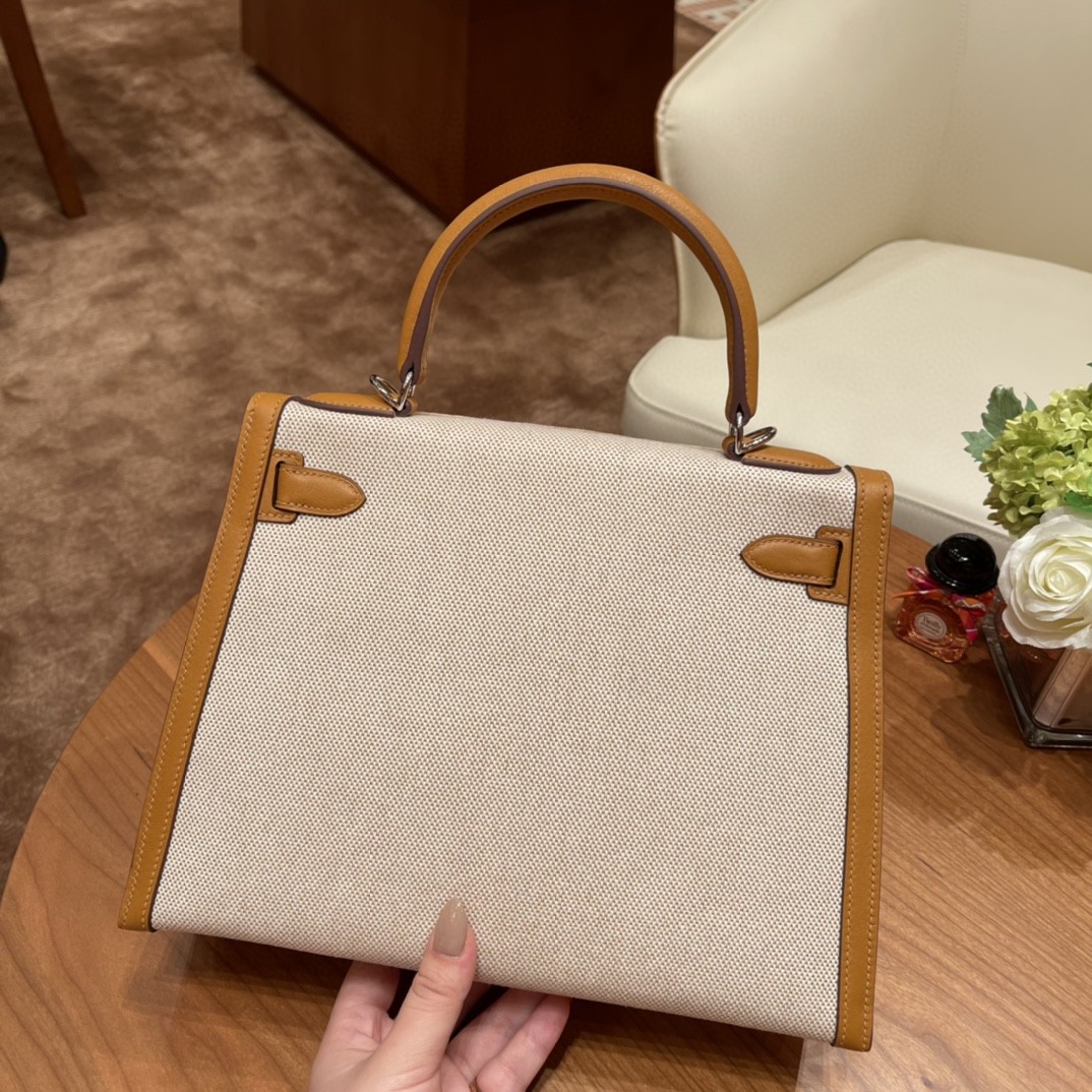HERMES 最美帆布系列 限量款 kelly 28cm Kelly Toile H 2S 芝麻色 银扣