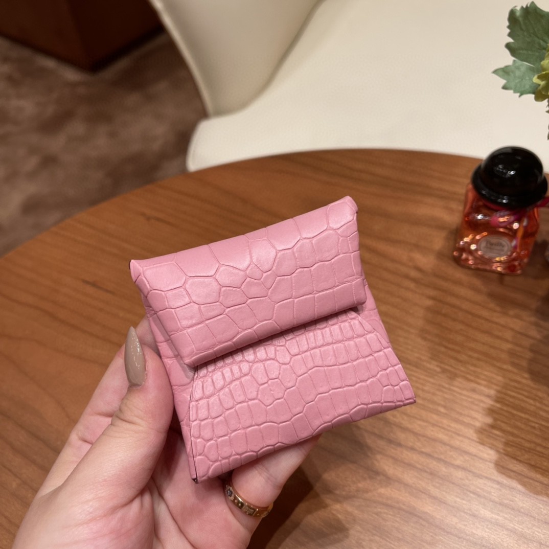 Hermes 现货 Bastia 零钱夹 雾面鳄鱼 5P 樱花粉
