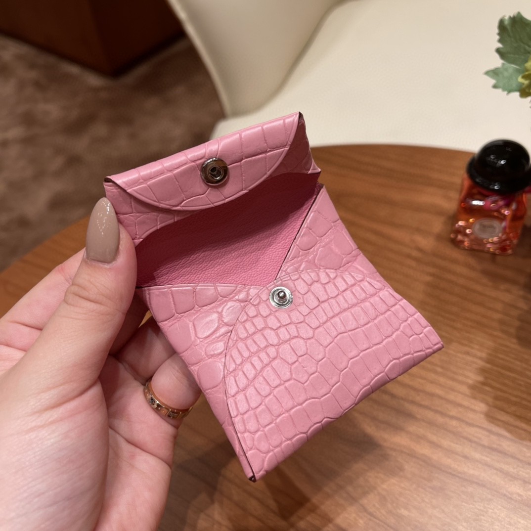 Hermes 现货 Bastia 零钱夹 雾面鳄鱼 5P 樱花粉
