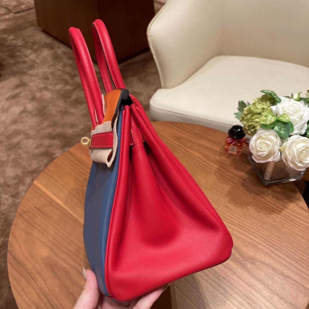 HERMES 30 birkin 特殊拼皮 vip马蹄印 swift R2玛瑙蓝拼S3心红拼epsom 93 橙色 金扣