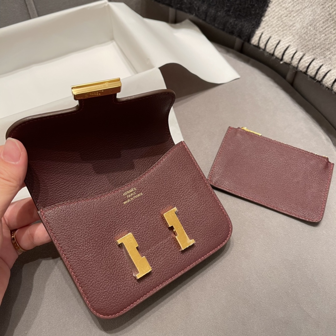 HERMES 新款康康腰包 Constance slim  超级mini  内里还有个小卡包 搭配链子当小肩包 Evercolor 皮 57 波尔多酒红 金扣