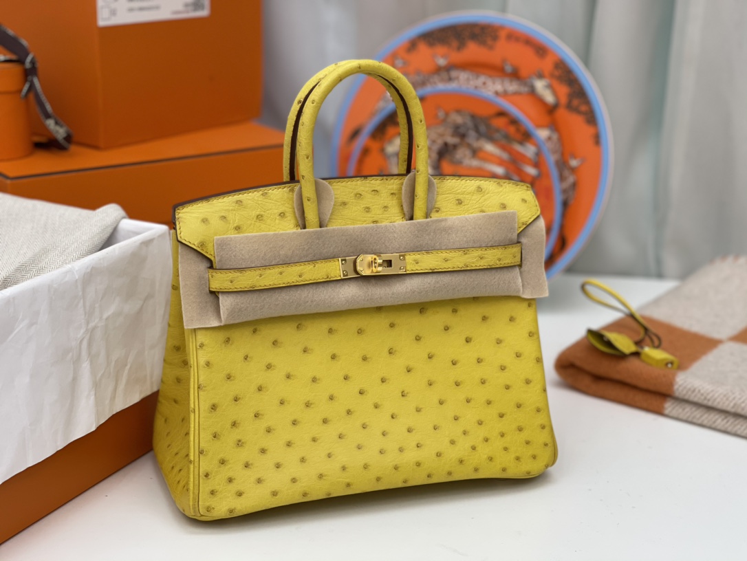 HERMES 25 铂金 南非鸵鸟皮 大气易搭配 耐磨 越用越柔软 很复古 招财黄9R 柠檬黄 金扣