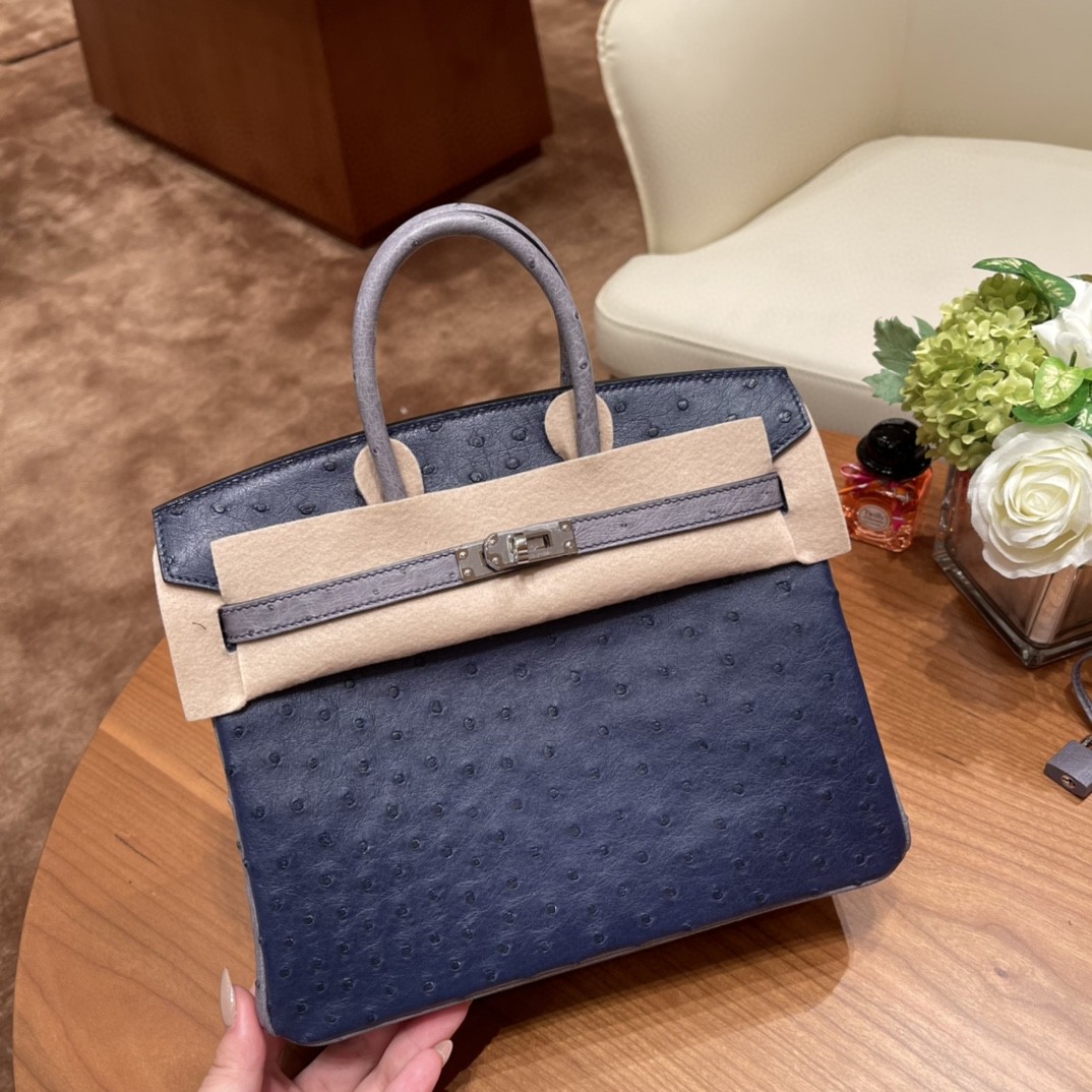 HERMES 高级定制 birkin 25cm 鸵鸟皮 ostrich 77鸢尾蓝Bleu lris拼玛瑙灰Gris Agate 高级拼色色系 银扣