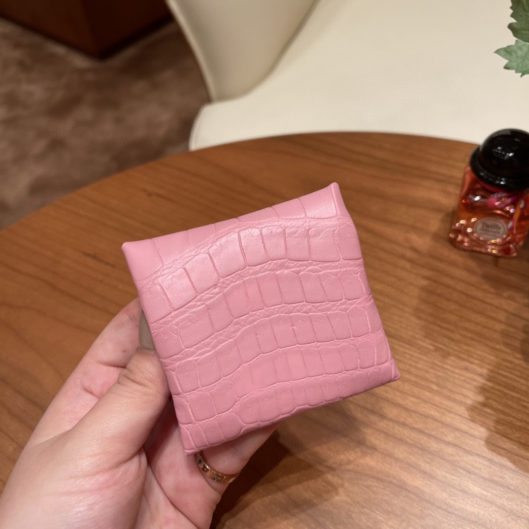 Hermes 现货 Bastia 零钱夹 雾面鳄鱼 5P 樱花粉
