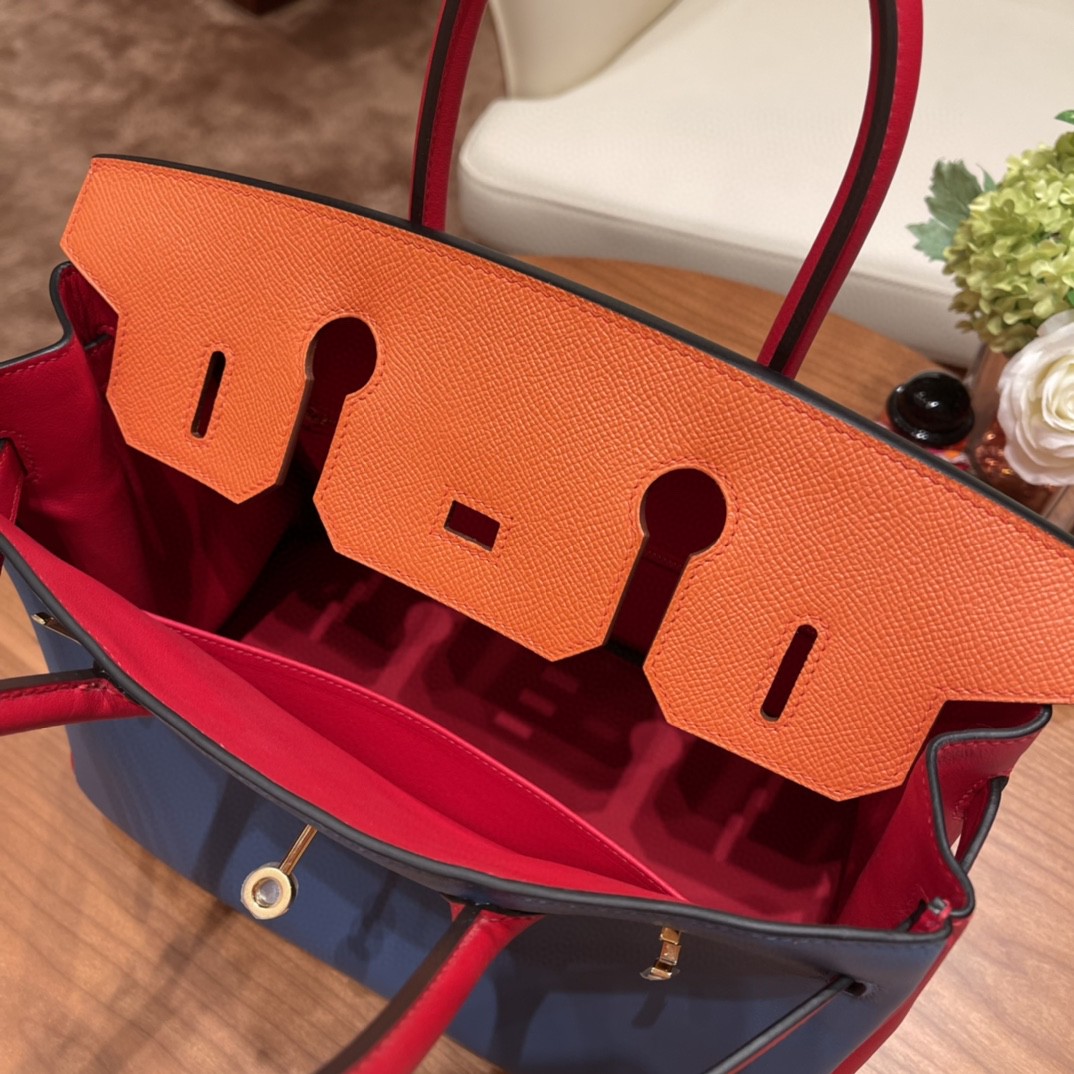 HERMES 30 birkin 特殊拼皮 vip马蹄印 swift R2玛瑙蓝拼S3心红拼epsom 93 橙色 金扣