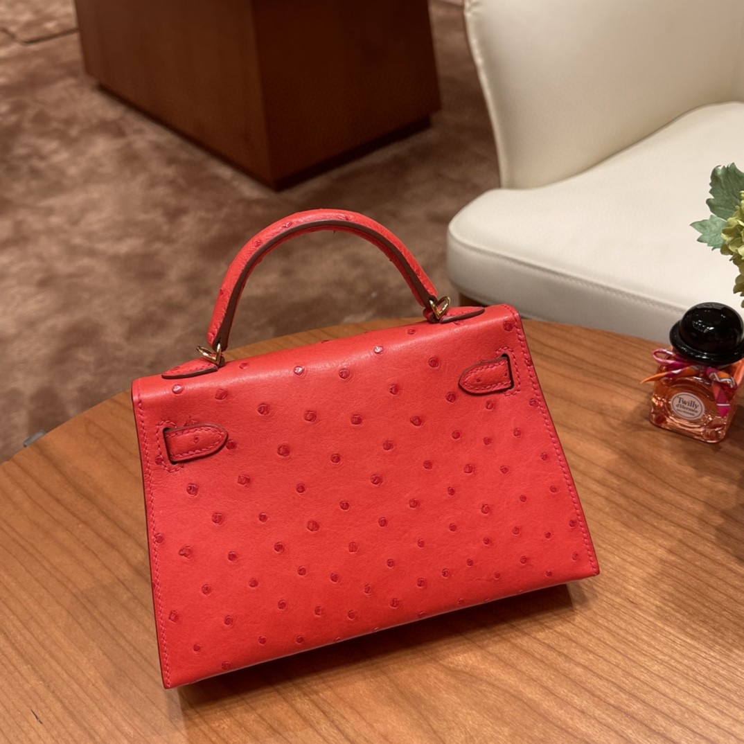 HERMES mini kelly 二代 鸵鸟皮ostrich 皮 S3 心红 金扣