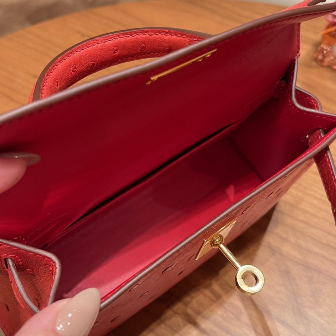 HERMES mini kelly 二代 鸵鸟皮ostrich 皮 S3 心红 金扣