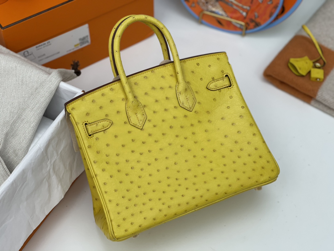 HERMES 25 铂金 南非鸵鸟皮 大气易搭配 耐磨 越用越柔软 很复古 招财黄9R 柠檬黄 金扣