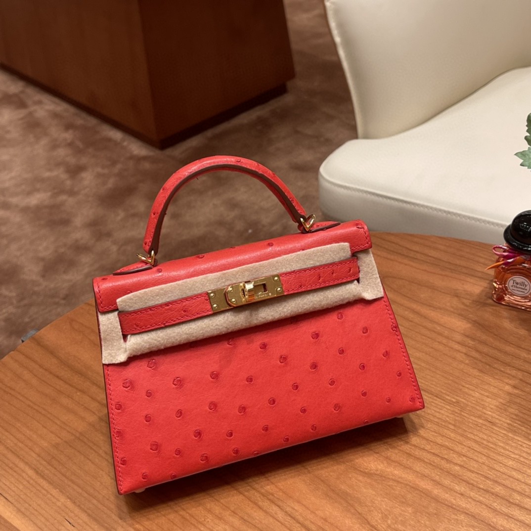 HERMES mini kelly 二代 鸵鸟皮ostrich 皮 S3 心红 金扣