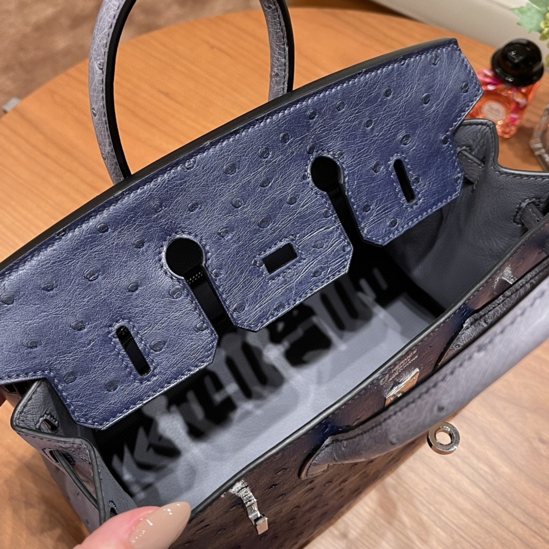 HERMES 高级定制 birkin 25cm 鸵鸟皮 ostrich 77鸢尾蓝Bleu lris拼玛瑙灰Gris Agate 高级拼色色系 银扣