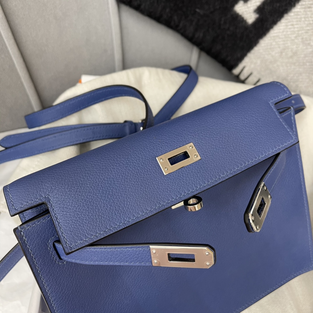 爱马仕 kelly danse跳舞包是kelly系列 正品开版 专柜品质 原厂evercolor R2 玛瑙蓝 Blue Agate 银扣