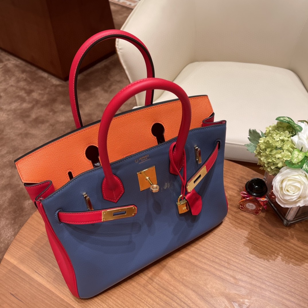 HERMES 30 birkin 特殊拼皮 vip马蹄印 swift R2玛瑙蓝拼S3心红拼epsom 93 橙色 金扣