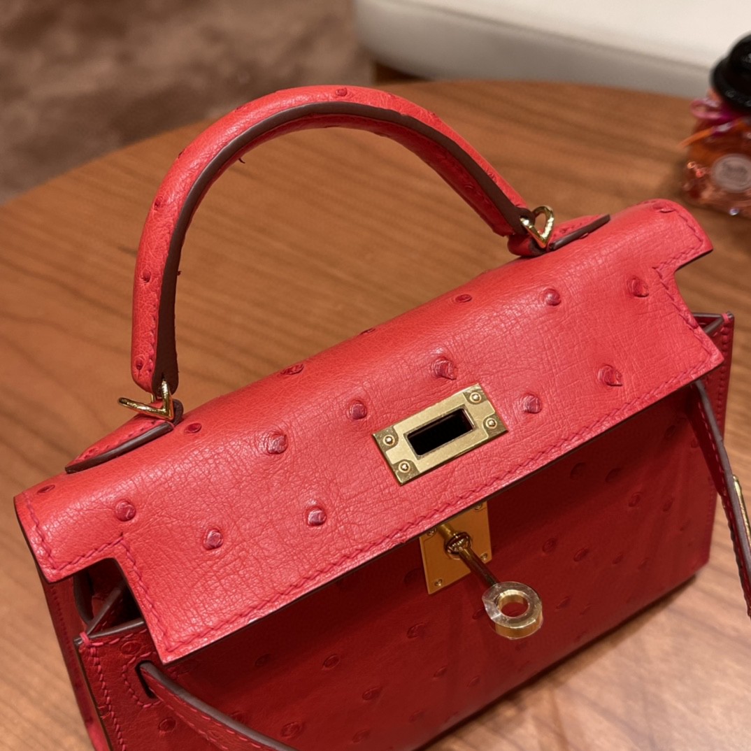 HERMES mini kelly 二代 鸵鸟皮ostrich 皮 S3 心红 金扣