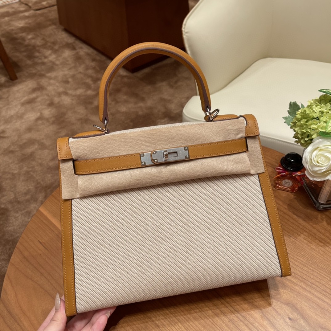 HERMES 最美帆布系列 限量款 kelly 28cm Kelly Toile H 2S 芝麻色 银扣