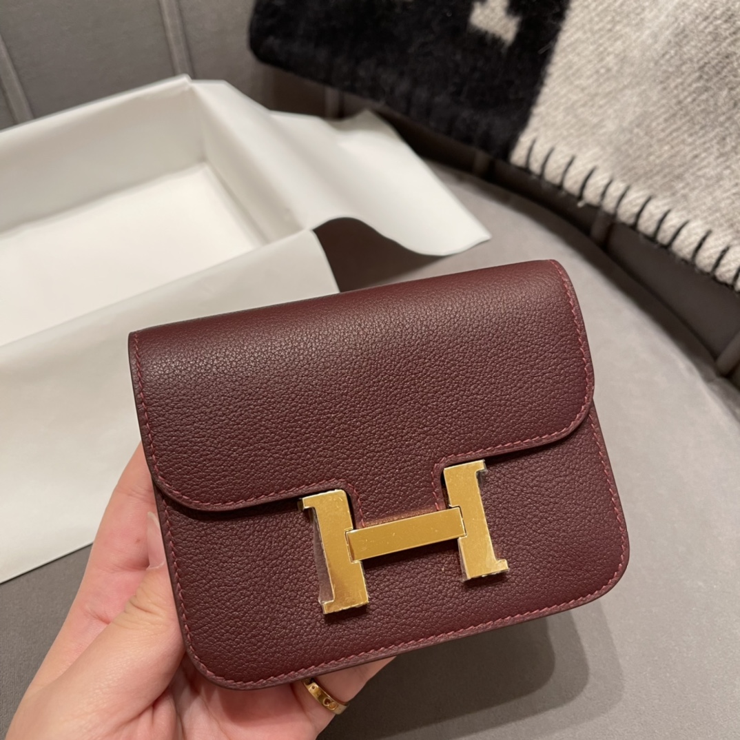 HERMES 新款康康腰包 Constance slim  超级mini  内里还有个小卡包 搭配链子当小肩包 Evercolor 皮 57 波尔多酒红 金扣