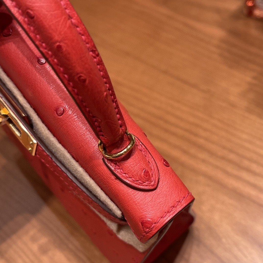 HERMES mini kelly 二代 鸵鸟皮ostrich 皮 S3 心红 金扣