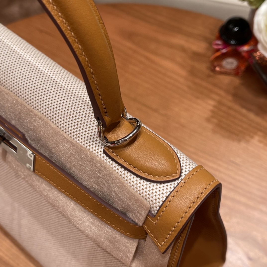 HERMES 最美帆布系列 限量款 kelly 28cm Kelly Toile H 2S 芝麻色 银扣