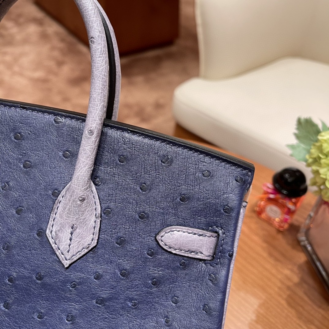 HERMES 高级定制 birkin 25cm 鸵鸟皮 ostrich 77鸢尾蓝Bleu lris拼玛瑙灰Gris Agate 高级拼色色系 银扣
