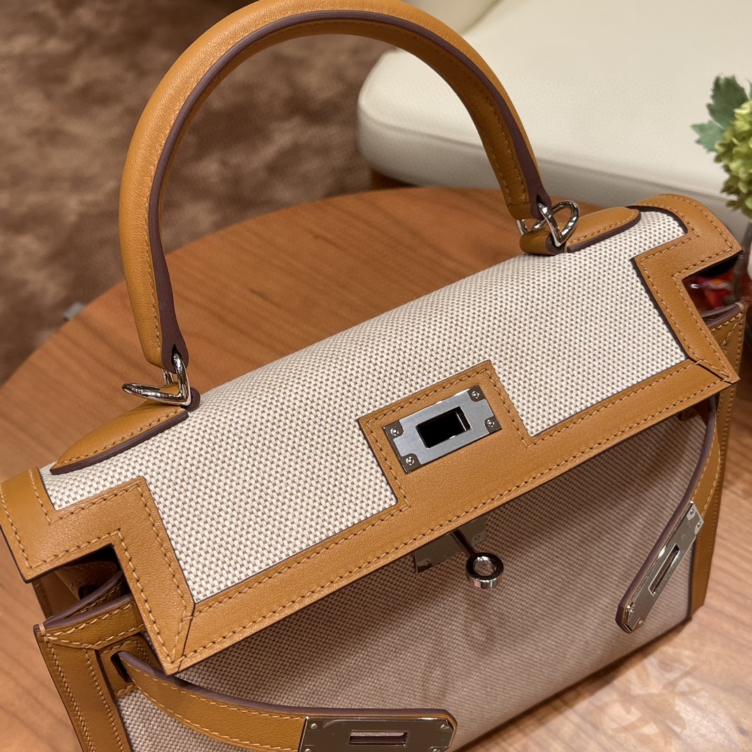 HERMES 最美帆布系列 限量款 kelly 28cm Kelly Toile H 2S 芝麻色 银扣