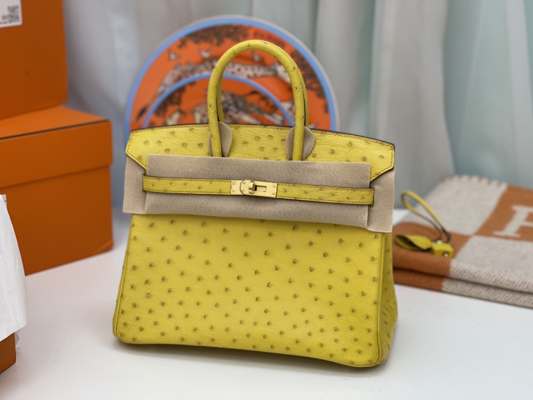 HERMES 25 铂金 南非鸵鸟皮 大气易搭配 耐磨 越用越柔软 很复古 招财黄9R 柠檬黄 金扣