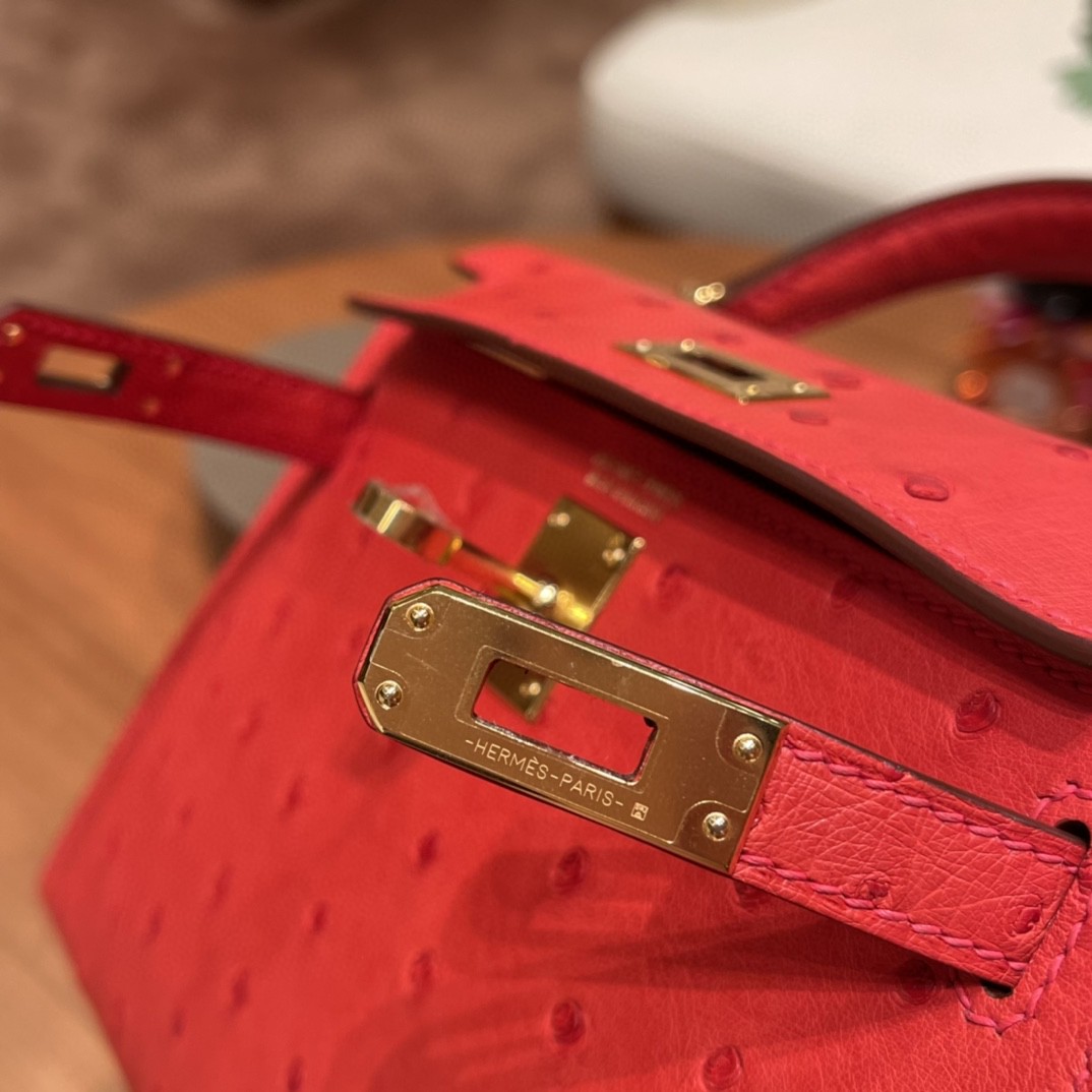 HERMES mini kelly 二代 鸵鸟皮ostrich 皮 S3 心红 金扣