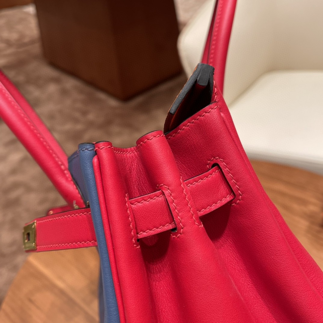 HERMES 30 birkin 特殊拼皮 vip马蹄印 swift R2玛瑙蓝拼S3心红拼epsom 93 橙色 金扣