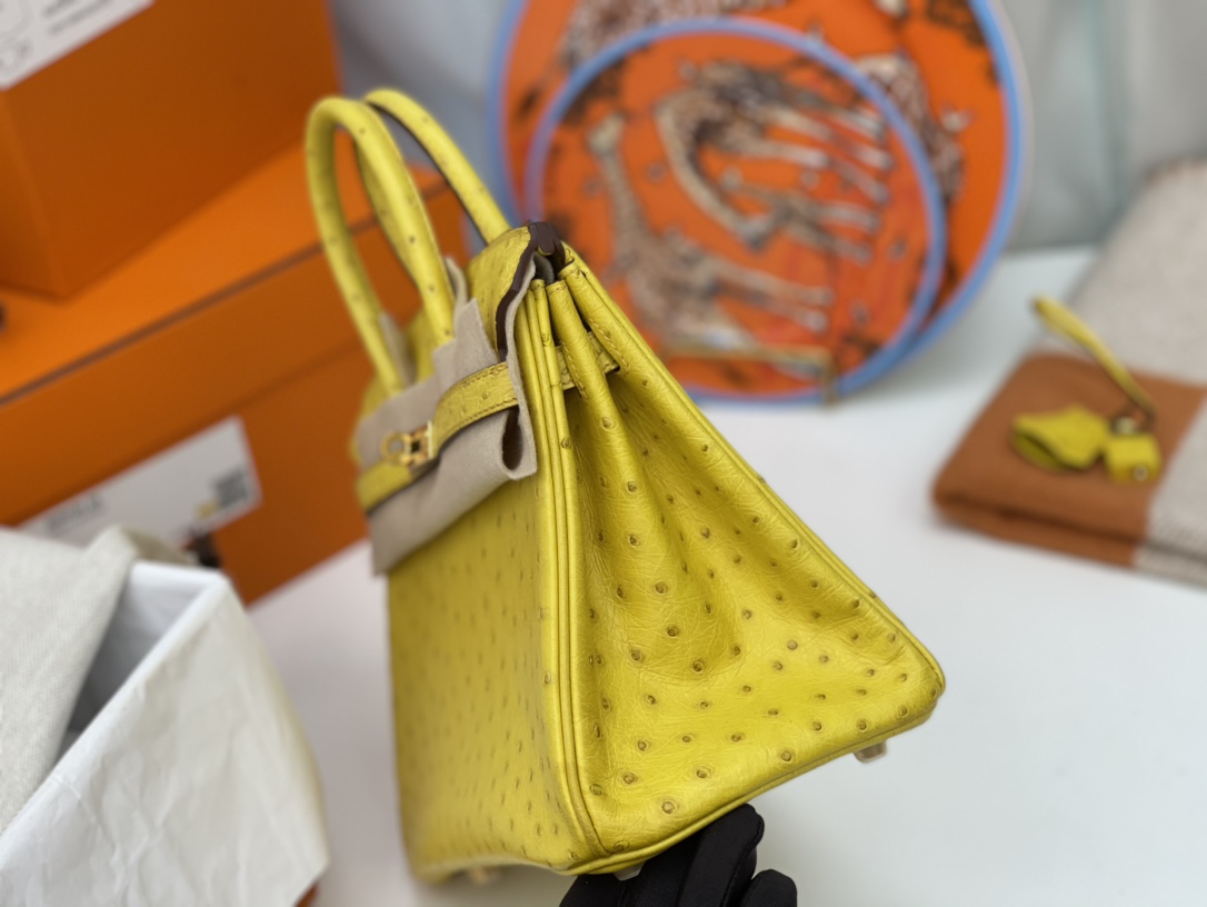 HERMES 25 铂金 南非鸵鸟皮 大气易搭配 耐磨 越用越柔软 很复古 招财黄9R 柠檬黄 金扣
