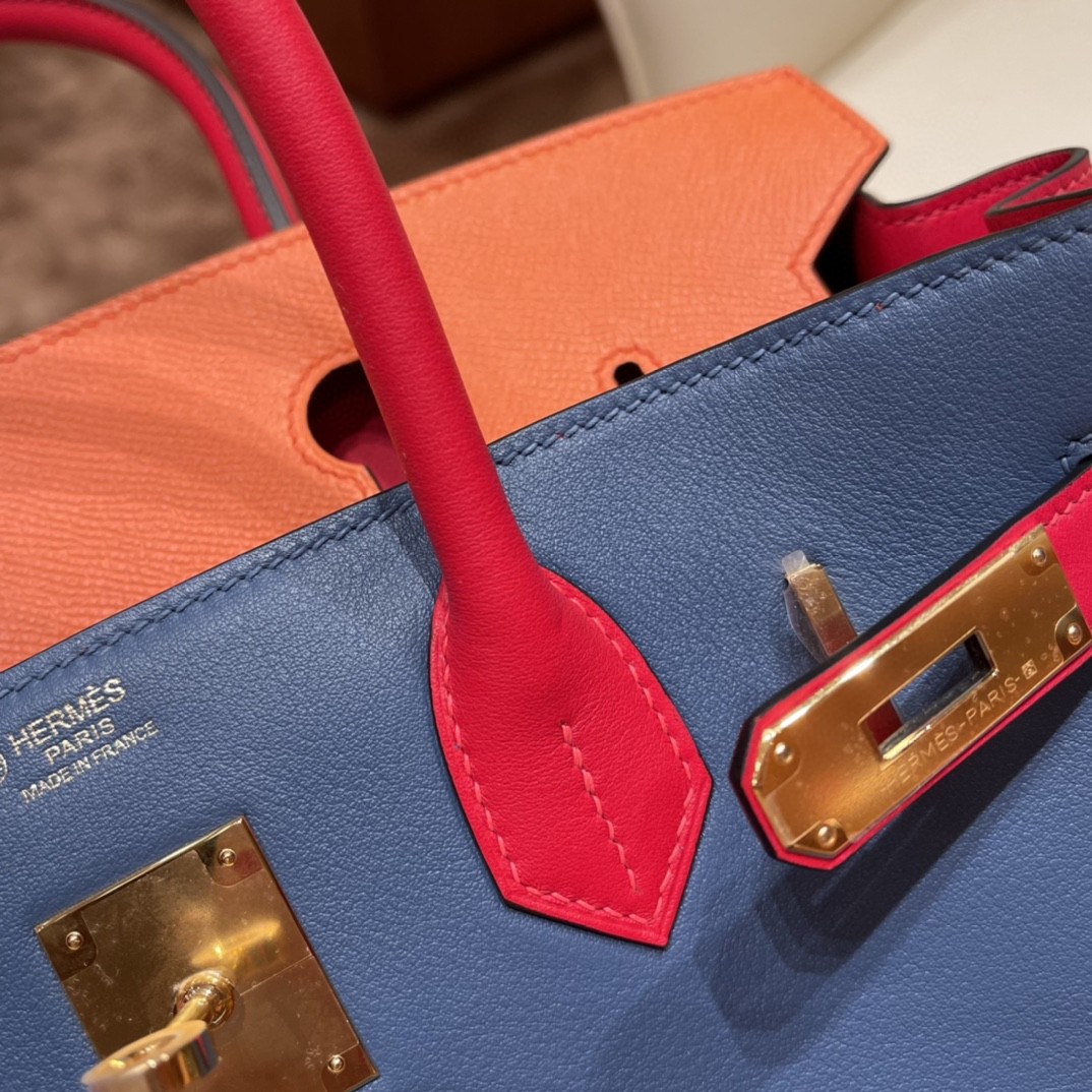 HERMES 30 birkin 特殊拼皮 vip马蹄印 swift R2玛瑙蓝拼S3心红拼epsom 93 橙色 金扣